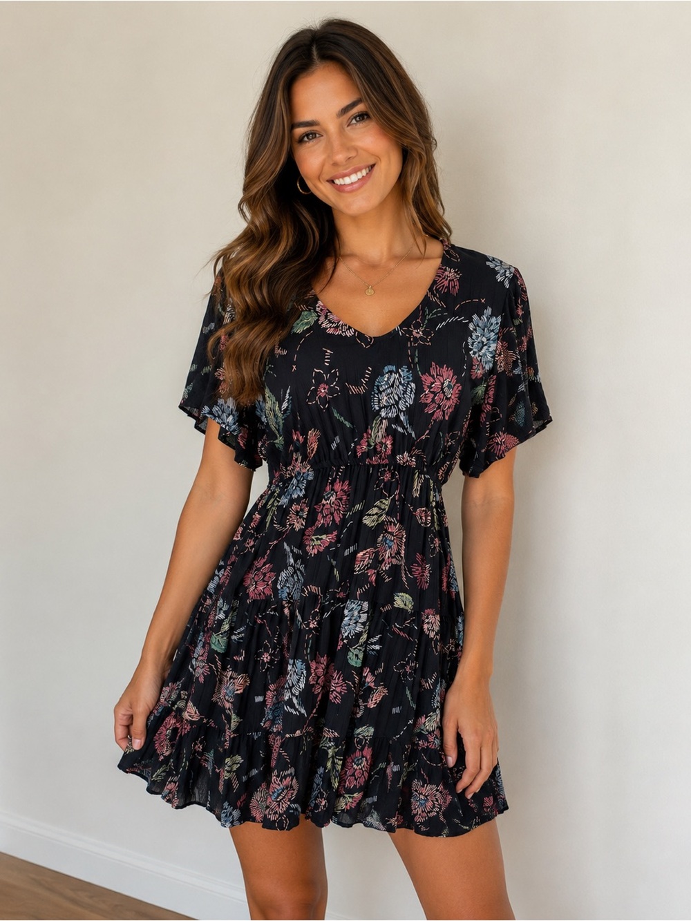 Angie Black Floral V-Neck Ruffle Tiered Mini Dress